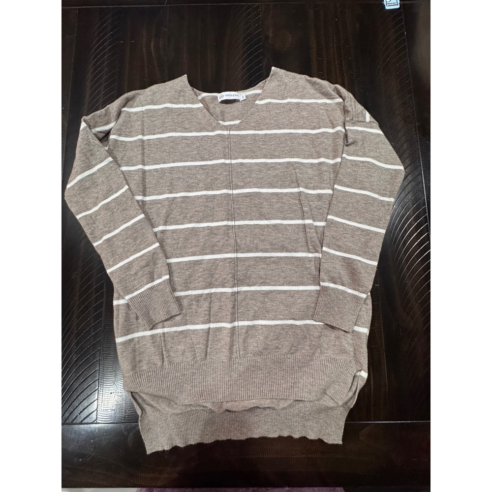 Cents of Style Emmy V-Neck Striped Sweater Taupe White Oversized S/M